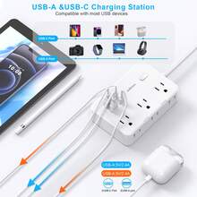 JcBlaon 5英尺带防浪涌保护的电源条，带4个USB接口（2个USB-C），6英寸宽插座扩展器，扁平插头，可壁挂，可用作桌面充电站，适用于办公室、学校、旅行、宿舍等场所。