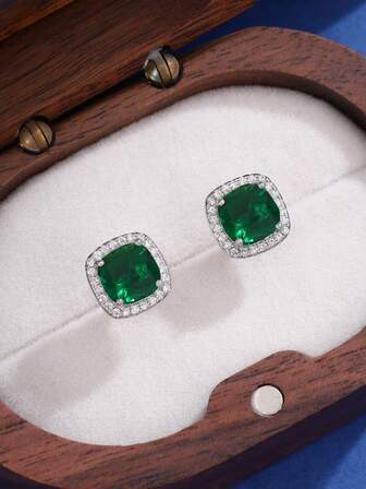 1 par de pendientes de botón con circonita geométrica delicada, de moda, elegante y de alta gama, adecuado para el uso diario y citas