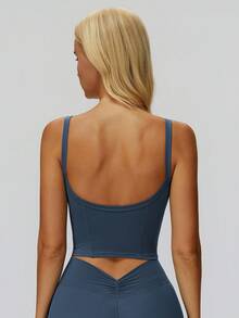 Áo ba lỗ thể thao nữ, cổ vuông dây mỏng, kiểu dáng croptop hở lưng, thân thiện với da và ôm sát, thích hợp mặc khi tập yoga, tập thể dục, chạy bộ và tập luyện - Iron Gray - Xem 2