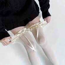 جوارب طويلة فوق الركبة للنساء ذوات الحجم الكبير مع زخرفة فيونكة - جوارب طويلة مطاطية ومطاطة، لون أحادي، قابلة للغسل في الغسالة، إكسسوار موضة، مناسبة للملابس الشارعية والفساتين، حافة مكشكشة، قماش ناعم، مناسبة للمناسبات الرسمية والكاجوال