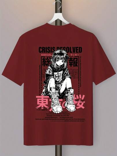 Camiseta gráfica de anime Y2K para hombres - Camiseta casual roja de cuello redondo con estampado de personaje de astronauta, tela de estiramiento medio, manga corta, ropa casual de verano, camiseta de anime 2025