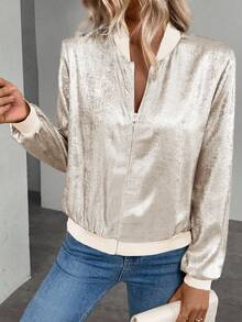 Keke Bloomly Women's New Lightweight Long Sleeve Zip-Up Casual Jacket, Shiny Metallic Fabric, Regular Fit, Fashion , Suitable For Commute, Vacation, Versatile, Cardigans - Khaki - View 7