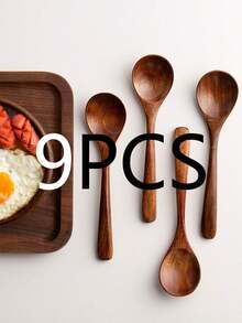 9件套木勺，包括18厘米/7英寸木制蜂蜜勺（用于泡茶）、优雅木制茶匙（用于搅拌咖啡）、小型木勺（用于烹饪）、有机木勺（用于汤、茶和用餐）、手工木制餐勺 - 棕色 - 查看 7