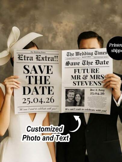 Giornale personalizzato per matrimonio - Annuncio di matrimonio, avviso di fidanzamento e invito a nozze - Stampa in stile giornale formato extra large, include i vostri nomi, data, foto e lista degli invitati al matrimonio - Possibilità di inserire foto degli sposi - Accessorio per matrimonio