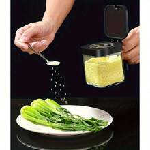 3件套玻璃调料罐套装，带盖和勺子，厨房调味罐，盐和糖罐（黑色），现代厨房用具，密封盖，带勺子的调料罐 - 彩色 - 查看 4