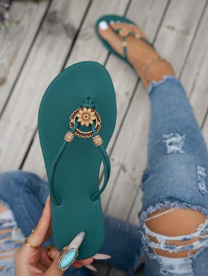 1 Pair Teenage Girls' Fashion Flip Flops, Bohemian Style Beaded Floral Design, Versatile For Home, Casual, Beach, Summer