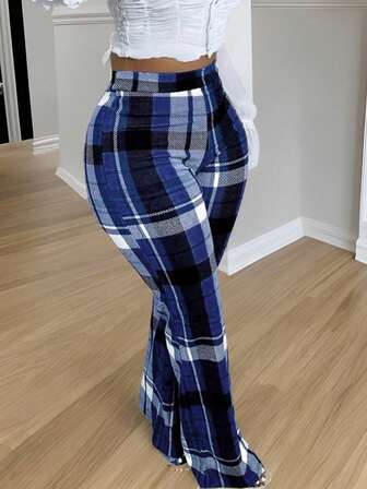 Women's Fashion New Casual Elegant Retro Plaid Print Super Short Flare Pants