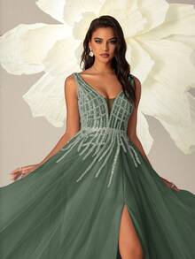 VIPGIRL Elegant Green V-Neck Sequin Sheer Formal Evening Gown, High Slit A-Line Ballgown, Women Long Sleeveless Mesh Dress - Dark Green - View 7