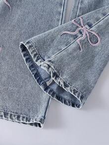 1 Quần Jeans ống rộng ống loe nhẹ màu xanh nhạt dễ thương, đa năng, mặc ngoài trời, dành cho bé gái, mùa Thu/Đông - Rửa nhẹ - Xem 6