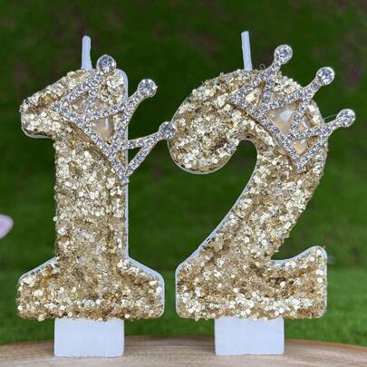 1pc Birthday Candle, Light Champagne Crown Handmade 0-9 Candle, Adult Gift Celebration, Anniversary Party Decor Candle