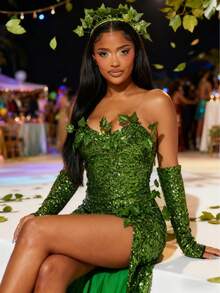 Poison Costume Women Ivy Halloween Outfit Green Sequin Strapless Mini Dress 3 Piece With Sleeves, Gloves And Headpiece - váy dài màu xanh lá cây - Xem 2