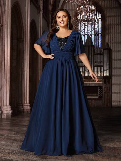 Đầm phù dâu bằng chiffon thanh lịch, đính sequin và phối nhiều mảnh, thích hợp cho tiệc sinh nhật, đám cưới theo chủ đề, tiệc cocktail, tiệc chiêu đãi, cỡ lớn, màu trơn, dáng suông, tay bồng, xẻ tà hình trái tim, dài đến sàn, trang phục dạ hội.