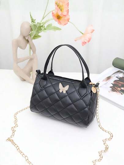 Butterfly Decor Pillow Bag, Girls Casual Shoulder Bag, Lightweight Hand Bag Cylinder Tote Bag