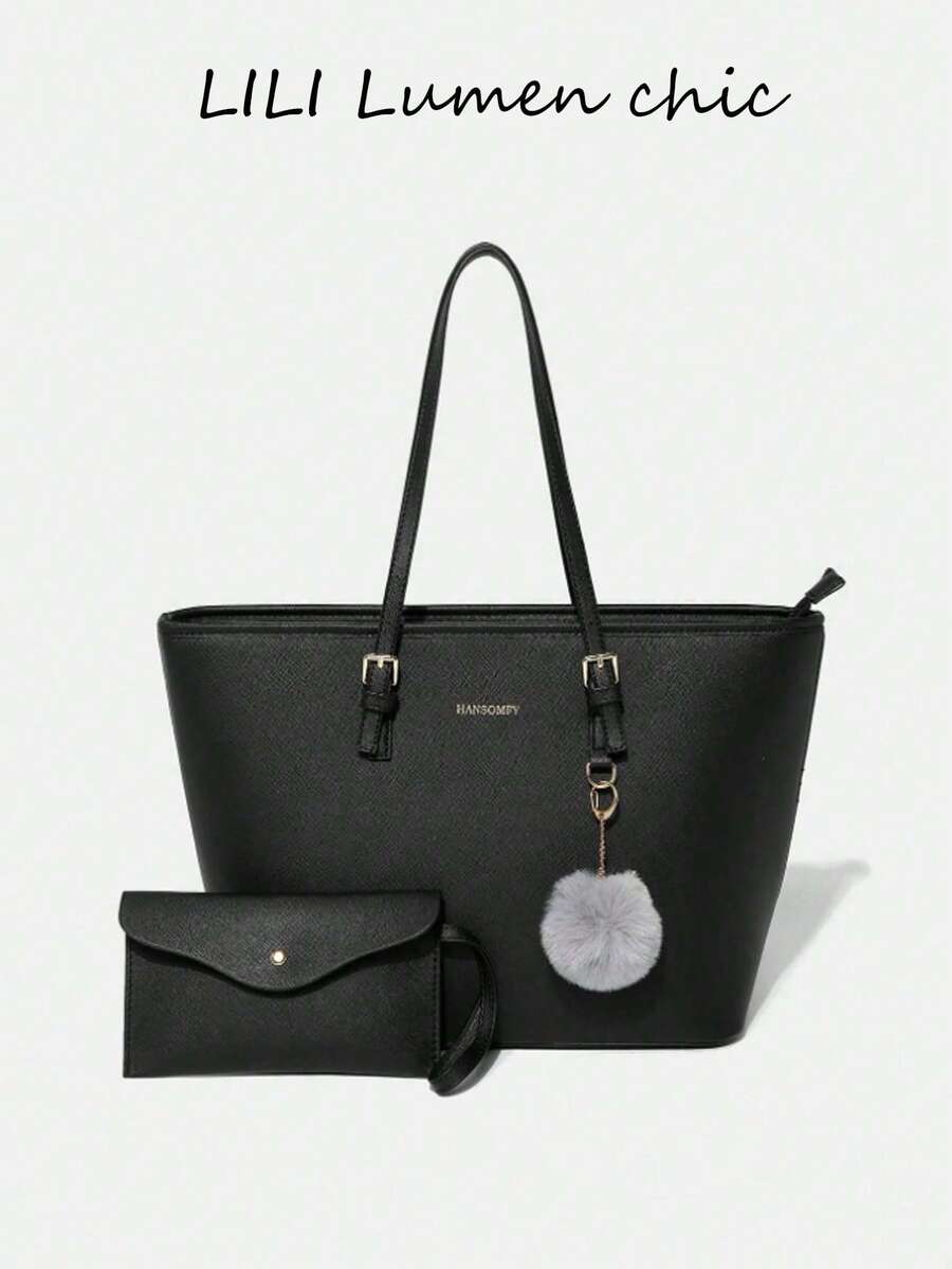 Esta bolsa tote de cor sólida, feita de PU, possui grande capacidade interna. A decoração com letras apresenta fechamento em zíper, alça dupla e alça de ombro ajustável. Inclui pingentes decorativos e uma pequena bolsa interna com amplo espaço para guardar garrafa de água, chaves, batom e outros itens essenciais do dia a dia. Ideal para mulheres, estudantes universitárias, para ir ao trabalho, fazer compras e para uso diário. - Preto - Ver 1