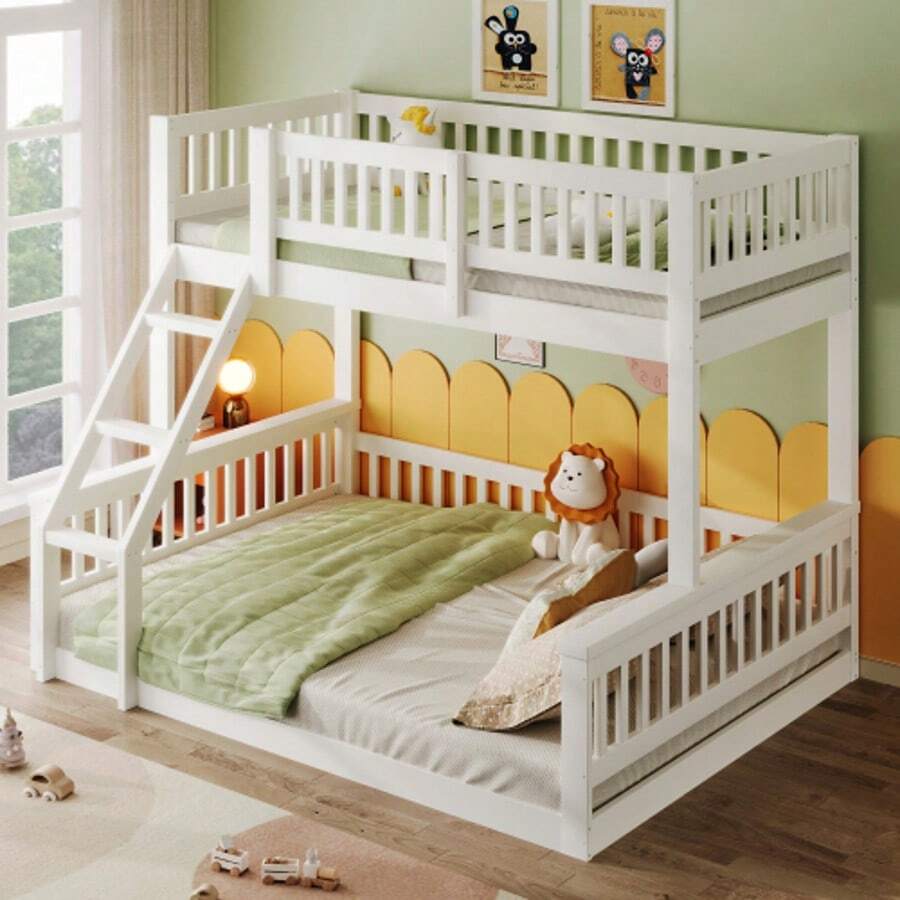 Bunk Bed, 90x200cm + 140x200cm, Ladder, Bed Rail, Simple Style, Without Mattress, White - White - View 1