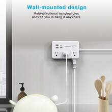 JcBlaon 5英尺带防浪涌保护的电源条，带4个USB接口（2个USB-C），6英寸宽插座扩展器，扁平插头，可壁挂，可用作桌面充电站，适用于办公室、学校、旅行、宿舍等场所。