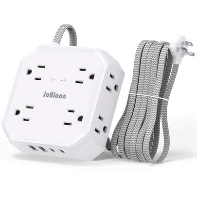 JcBlaon 带浪涌保护功能的电源插座，多插口延长线，超薄扁平插头，8 个交流电源插孔，4 个 USB 充电接口（2 个 USB-C），5 英尺编织延长线 - 适用于办公室、学校、宿舍和家庭使用