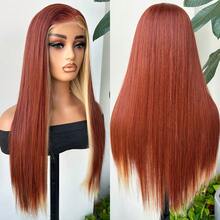 13x4 Lace Front Wig For Women Black Glueless Wig Synthetic Lace Wig Pre Plucked HD Lace Straight Wig Ready To Wear Long Straight Brown And Blonde Wig 28inch - 漸層紅色 - 查看 2