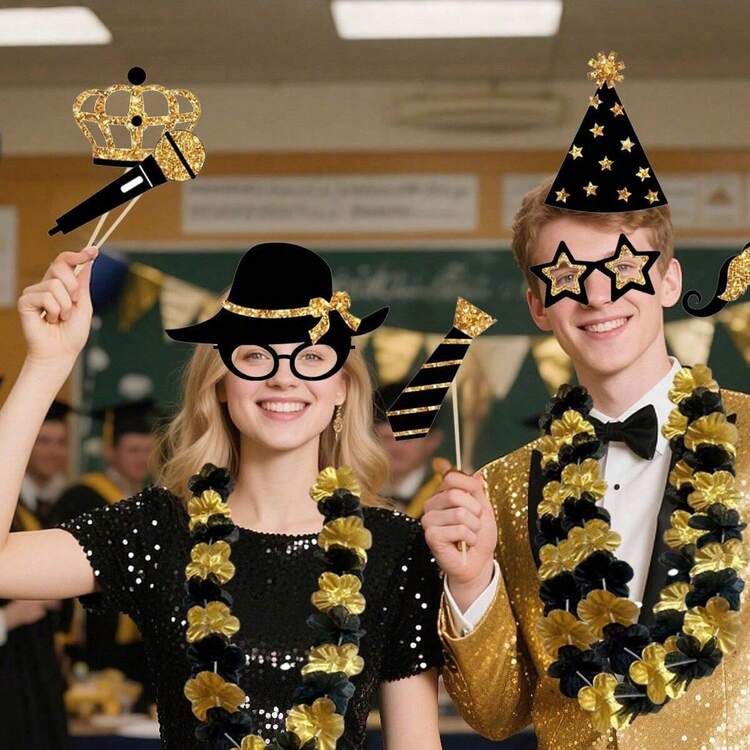 24/34/44 件套派对拍照道具花环项链，适用于生日、婚礼、毕业舞会等派对，包含帽子、口红、领带、皇冠等（金色） - 金色 - 查看 7