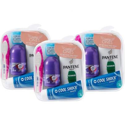 Kit de Viaje para Ella. Cuidado bucal y cuidado personal en un kit. 3 kits de 5 pz c/u