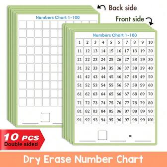 10 Pcs Dry Erase Math Hundred Board Card Double Sided Number 1-100 Chart Easy To Write Consecutive Number Counting Chart For Students Math Manipulatives, Home Classroom Supplies