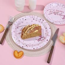 10/20/40/50 piezas, Platos de fiesta de cumpleaños en color oro rosa - Vajilla elegante en oro rosa con letras de "Feliz Cumpleaños", platos de postre y cena con estampado de puntos en oro rosa y diseños de cumpleaños para celebraciones de cumpleaños de familias de niños y niñas, para fiestas de princesas, despedidas de soltera y decoraciones de fiesta de cumpleaños en fines de semana y días festivos - Oro rosa - Ver 5