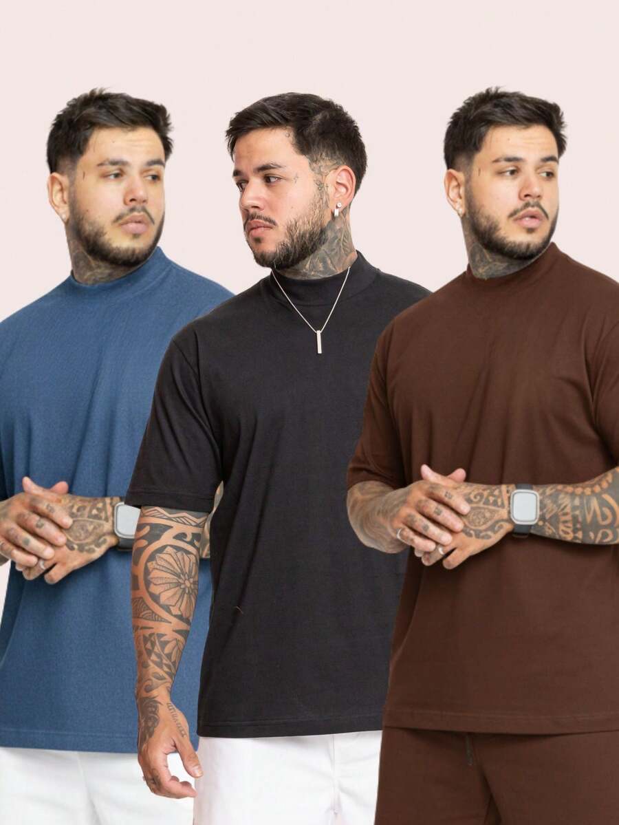 Set Of 3 Premium Men's Oversized T-Shirts, Trap Street Style, Bodybuilding, Gringa, Cotton, End Of Year, Christmas. - 棕色,黑色和藍色牛仔褲 - 查看 1