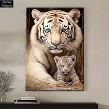Decoración de pared vintage hecha a mano de tigre blanco y cachorro - Estilo de granja campestre, impresión en lienzo con marco de madera, patrón de tigre y cachorro, adecuada para sala de estar, dormitorio - Decoración de oficina en casa, póster de animales, decoración de habitación acogedora con marco envolvente - transparente - Ver 6