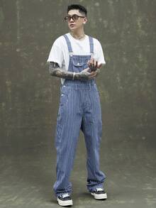 Men's Casual Fashionable Striped Loose Fit Straight Leg Denim Bib Pants, All Season - Blue - View 2