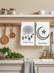 2Pcs Ramadan Mubarak Kitchen Towel Ramadan Kareem Soulful Stripes Moon Stars Cleaning Cloth Hand-Use Decorative Tea Towels Daily Cleaning Home Winter Decorations - Black and White - View 3