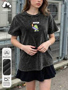 Women's Summer "Let's Set Fire" Patterned Round Neck Short-Sleeved Simple Casual Everyday Washed T-Shirt Top, Cute Little Frog Pattern Printed Women's Top, Frog Holding A Lighter Pattern Printed Women's Summer Clothing, Burning Flame Pattern Printed Summer Top. - Black - View 2