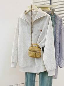 YUXIN Women's Exclusive! Grey Turndown Collar Half-Zip Sweatshirt, Casual Style, Cute Dog Pattern, Playful Yet Practical, Versatile For Autumn/Winter - Grey - View 2
