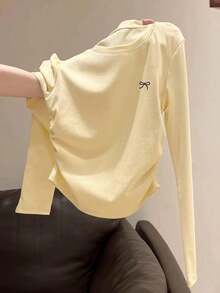 Gul/aprikosfärgad långärmad t-shirt för flickor, fjärilsbroderi, rund halsringning, mångsidig undertröja, flickkläder, lämplig för vår, sommar, höst, vinter - Gul - Visa 4