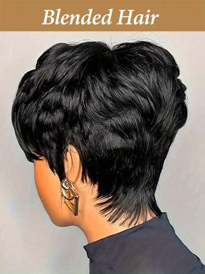 5 Inches Natural Short Bob Pixie Cut Wigs Blended Human Hair Short Straight Black Color Bob Pixie Cut Wavy Human Hair Wig With Bangs For Remy Hair Short Wigs Pixie Cut Wigs With Bangs Short Black Layered Wavy Wigs For Women 1B Color