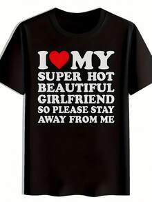 Camiseta Casual de Cuello Redondo para Hombre con Estampado de Corazón Rojo, Top Negro Versátil con Patrón para Él, Regalo - Negro - Ver 1