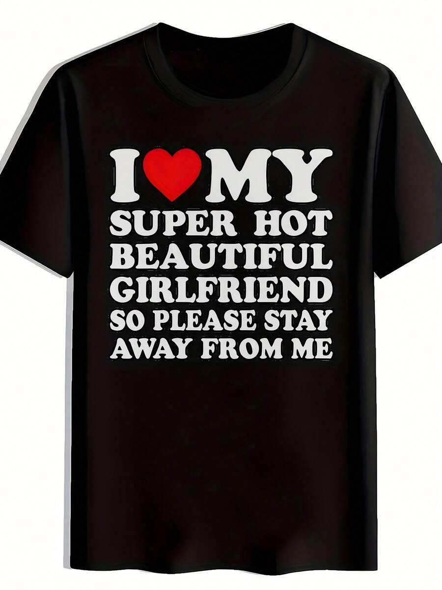 Camiseta Casual de Cuello Redondo para Hombre con Estampado de Corazón Rojo, Top Negro Versátil con Patrón para Él, Regalo - Negro - Ver 1