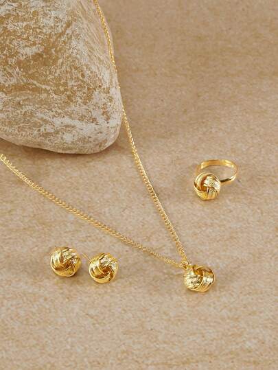 Opalesca 4pcs/Set Twist Design Jewelry Set Simple Geometric Metal Necklace Stud Earrings Ring Set