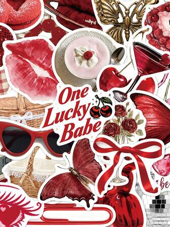 50张樱桃色女孩贴纸套装，适用于笔记本、日记本和手机壳