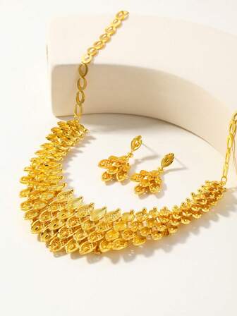 Conjunto de 3 piezas de joyería con patrón geométrico retro de estilo de Oriente Medio, joyería nupcial y de boda de Emiratos Árabes Unidos y Dubái, adecuada para uso en eventos de noche