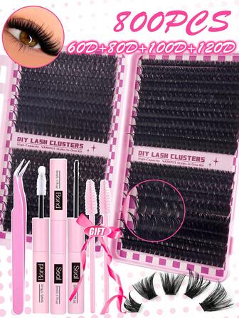 800/780 件混合长度假睫毛，包括 30D、40D、60D、80D、100D、120D、160D、假睫毛簇、睫毛胶和睫毛刷，适合家庭 DIY，初学者友好，自然浓密，非常适合浓密、浓密和夸张的化妆风格睫毛簇套装、睫毛、睫毛、假睫毛