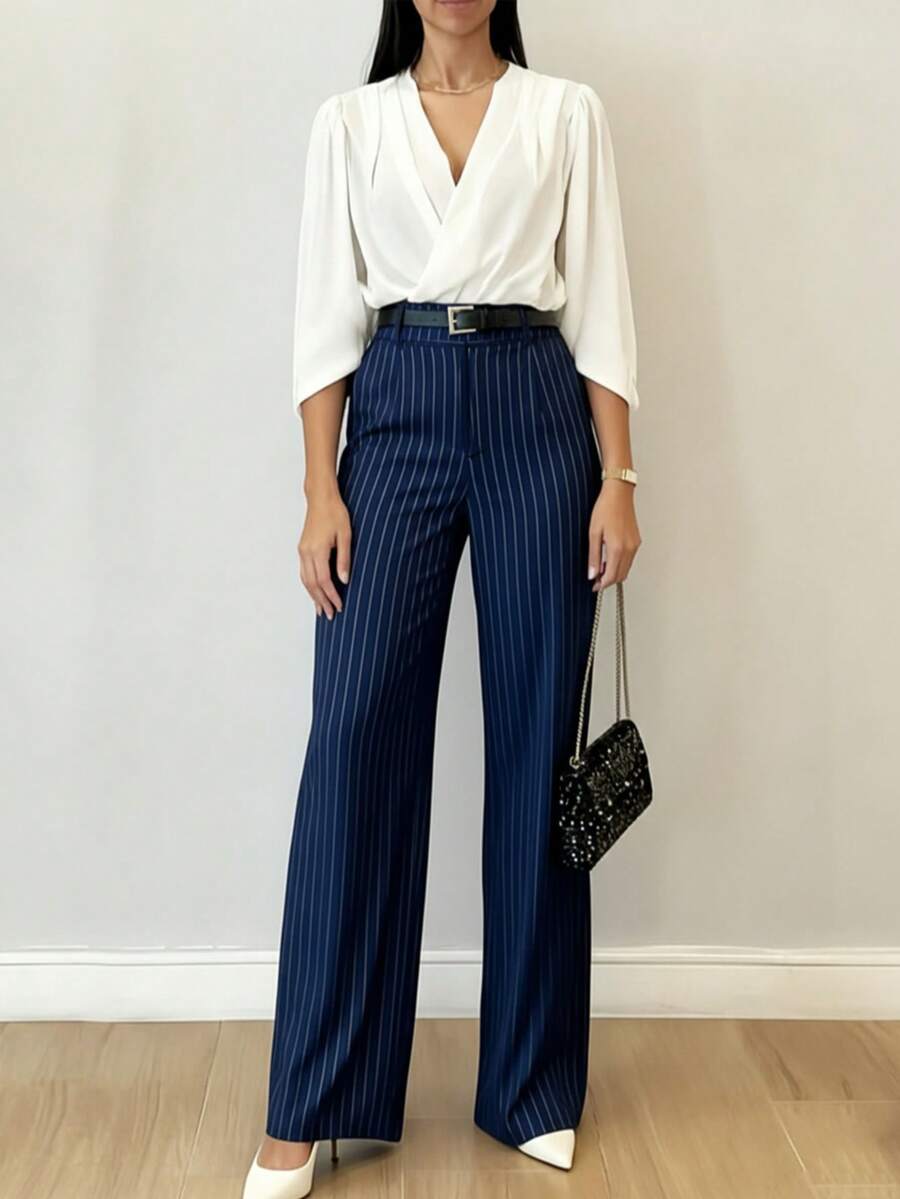 Pantaloni a vita alta a righe verticali, eleganti e casual, effetto snellente, gamba ampia dritta, morbidi e confortevoli, adatti per l'abbigliamento da lavoro - Blu - Visualizzare 1