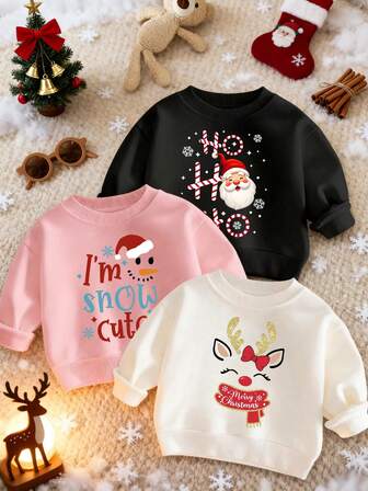 3 件/套幼儿女孩圣诞图案印花圆领套头运动衫，秋冬 - 带有圣诞老人和驯鹿印花的可爱连帽运动衫为每个孩子带来欢乐和幸福！