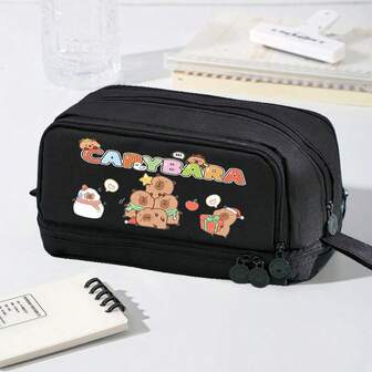 Capybara Pencil Case, Large Capacity Double Layer Stationery Box, Polyester Stationery Storage Bag, Suitable For School Students To Use., Back To School, School Supplies, Pencil Pouch, School Bag, Perfect For Back-To-School And Christmas Gifts