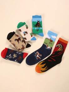 6双装女士个性化动物马年图案专属袜子，男女通用，欧美中筒袜 - 彩色 - 查看 7