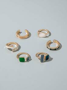 6pcs/Set Vintage French Geometric Square Crystal Luxury Minimalist Adjustable Stackable Rings For Women, Suitable As Gift For Dates, Gatherings With Friends, Photo Shoots