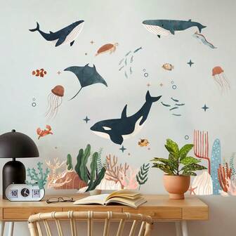 1Set Large Ocean Animal Sea Life Wall Sticker ,Whale, Fish, Grass,Underwater Marine,Decal,For Living Room,Playroom ,Bedroom,Home Decor