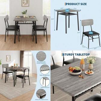 IDEALHOUSE 3-Piece Dining Table Set For 2 With Storage Rack Wood Kitchen Table With Upholstered Chairs Set Of 2 Small Square Table Set With Metal Legs Support For Dining Room Living Room