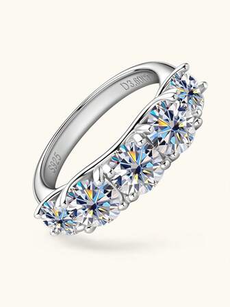 XUJIA 1PC Five Stone Ring For Women Round Cut Moissanite Engagement Ring 925 Sterling Silver D-E Color VVS1 6.5mm&6mm&5mm Moissanite Anniversary Wedding Band Rings Jewelry Gifts