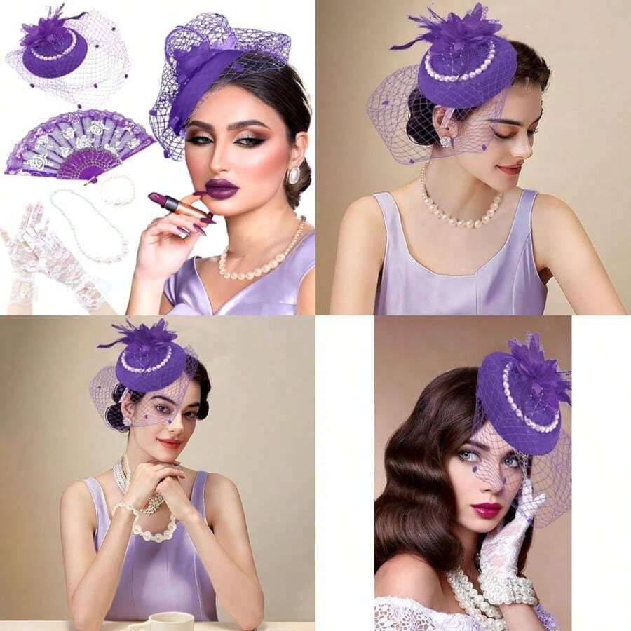 JeVenis Tocados Sombreros de los años 50 Sombreros Pastillero Cóctel Té Fiesta Diademas con velos para niñas y mujeres(default) - Multicolor - Ver 1