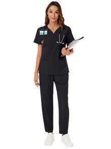 V-Neck Short Sleeve Pocket Top And Pocketed Pants Sanitary Suit Set, Scrub Set Spring Black - Black - View 10